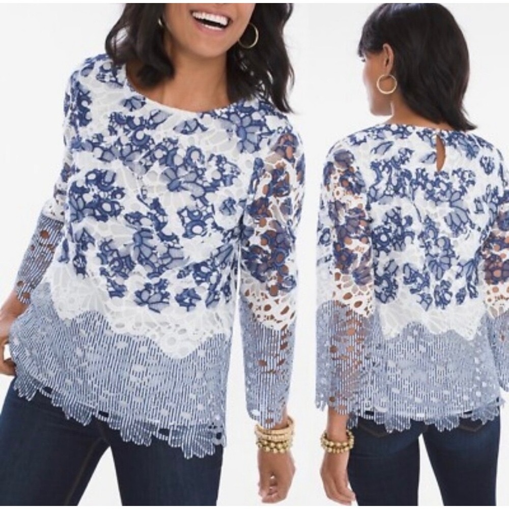 Chicos Blue White Floral Guipure Lace Long Sleeve Blouse Top Size 3 XL 16/18